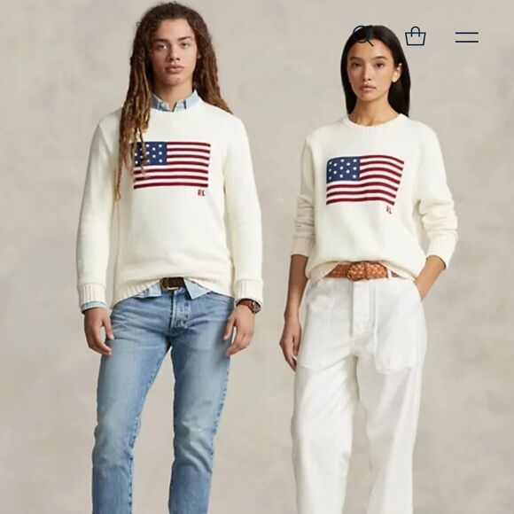 NEW Polo Ralph Lauren Iconic Embroidered American Flag Sweater in Ivory Size S - Picture 11 of 12